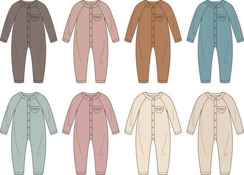 Baby romper fashion flat sketch set. Vector illustration template of infant sleepsuits in multiple colorways for apparel design and mockups