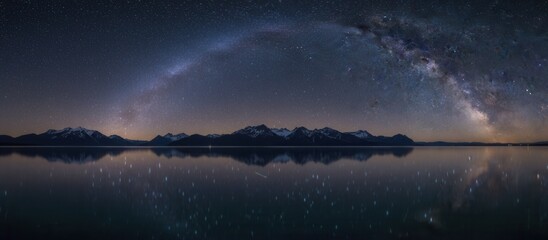 A panoramic view of the Milky Way galaxy over a mountain range reflected in a still lake. Starry night sky astrophotography. Vast nature and universe landscape