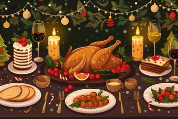 ローストチキンとケーキの華やかなクリスマスディナーイラスト