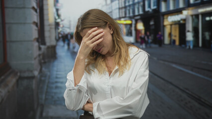 Fototapeta premium Woman covering face with hand on wet city street beside tram and shops, wearing white shirt with one arm crossed; fatigue urban commute.