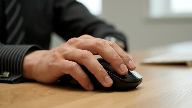 Person's hand operates a computer mouse on a wooden desk with a striped sleeve visible