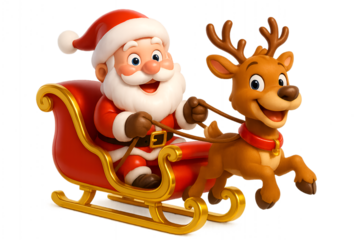Santa Claus in Sleigh pulled by reindeer flying high detailed cartoon 3D character illustration isolated white background Christmas delivery festive fun tradition holiday season