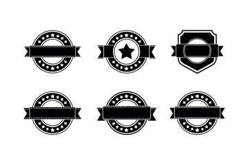 A collection of six vintage-style badges with ribbons and stars.