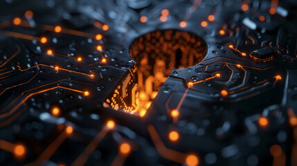 Glowing orange cyber keyhole on dark carbon background