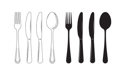 Assorted cutlery set including forks knives and spoons on transparent background silhouette