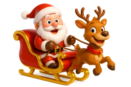 Santa Claus in Sleigh pulled by reindeer flying high detailed cartoon 3D character illustration isolated white background Christmas delivery festive fun tradition holiday season