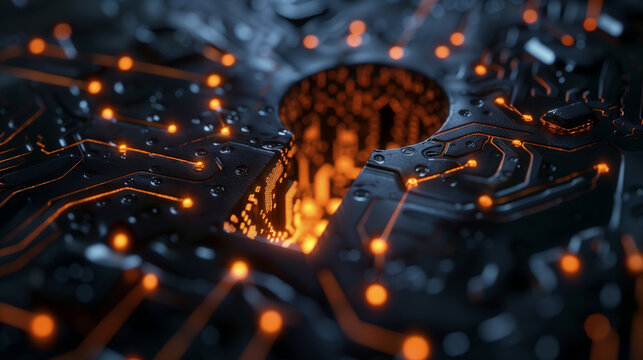 Glowing orange cyber keyhole on dark carbon background