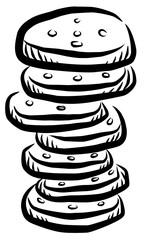 Tall stack of round biscuits drawn in hand sketch style, vintage black and white food illustration.