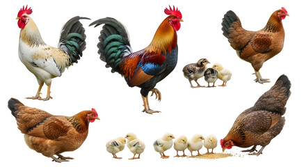 A vibrant collection of farm poultry, featuring majestic roosters, brown hens, and adorable fluffy chicks isolated on a pure white background