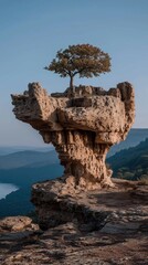 Stunning rock formation with tree overlooking a valley during daylight in the mountains