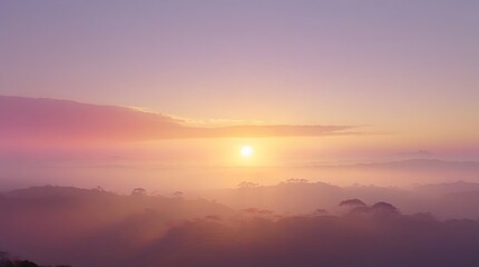 Vibrant orange sunrise and mist-covered mountains at dawn overlooking the valley and a winding river