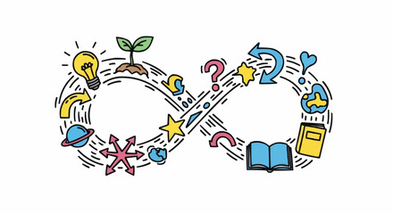 Obraz premium A colorful illustration showing a double loop filled with symbols representing growth, knowledge, ideas and connections.