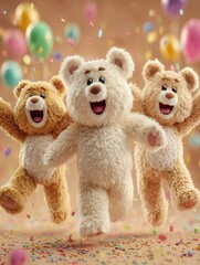 Three cheerful teddy bears celebrate with balloons and confetti in a joyful party scene