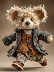 Adorable handmade mouse toy dressed in cozy outfit running joyfully indoors