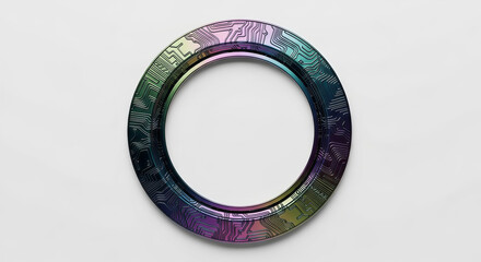 Abstract circular brushed metal ring with a contemporary design aesthetic, highlighting its elegant simplicity and refined texture against a stark white background