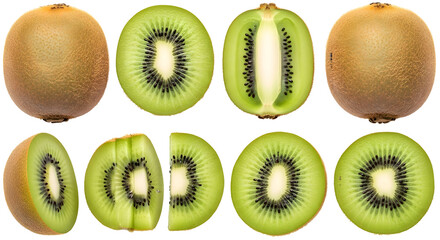 Fresh Kiwi Fruit Whole, Halved and Sliced in a Row