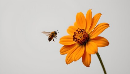 A bee is flying past a single vibrant yellow flower in focus against a blurred background.
