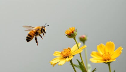 A bee in flight, hovering above a field of yellow flowers with green stems. The background is a soft blur, indicating an open space that could be a meadow or park