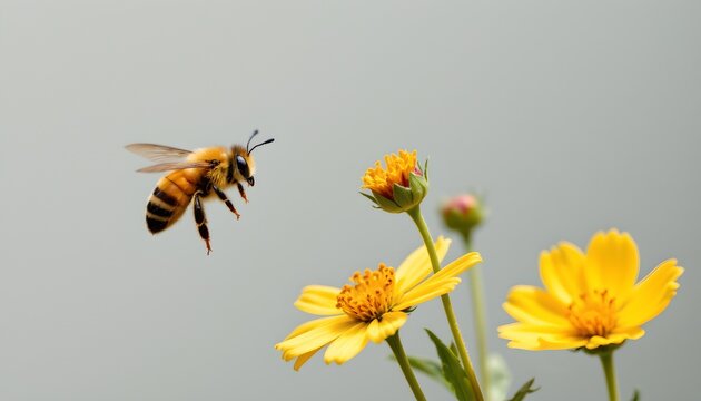 A bee in flight, hovering above a field of yellow flowers with green stems. The background is a soft blur, indicating an open space that could be a meadow or park
