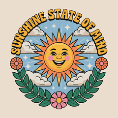 Retro Sunshine State of Mind Smiling Sun with Clouds and Flowers Illustration