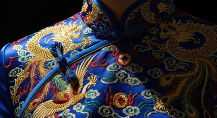 Close-up of ornate blue and gold chinese dragon embroidery on traditional garment