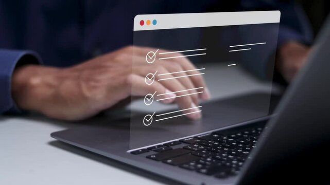 Business performance checklist, Online survey questionnaire with checkboxes. filling form online, and assessment for business development to rank customer satisfaction.