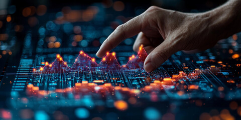 Hand pointing at digital graph in a data analysis setting Generative AI