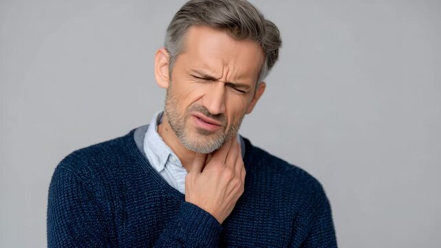 118Portrait of man touching throat, mouth slightly open, pained expression with flushed cheeks, symptom of cold or laryngitis emphasized in close-up