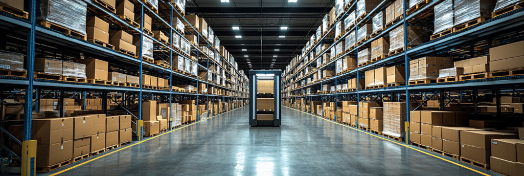 Modern automated vertical lift module in busy warehouse setting Generative AI