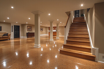 Obraz premium Spacious modern basement with bright lighting and wooden stairs Generative AI