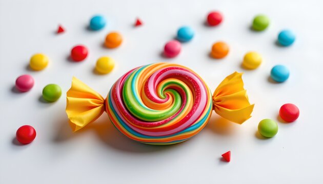 A whimsical scene of a candy swirl resting atop a bed of brightly colored candies.