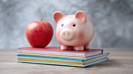 Piggy bank and red apple on top of colorful books representing financial literacy and education in a classroom setting with a blurred background