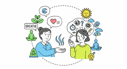 A helping hand offering mindfulness and meditation to a stressed individual, creating a calming environment around them.