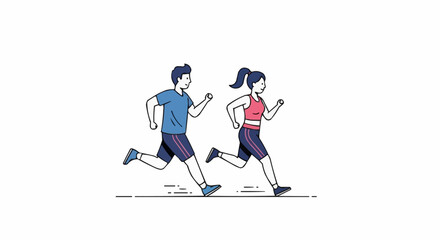 Obraz premium A drawn image shows a man and a woman running side by side, each depicted in active sportswear against a plain background.