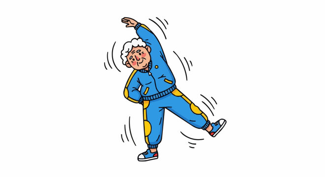 An elderly woman in a blue tracksuit does stretches and exercises to stay healthy, vibrant, and active at any age.