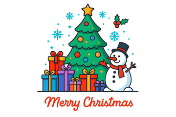 Merry Christmas Celebration Vector – Christmas Tree, Snowman and Gift Boxes Illustration