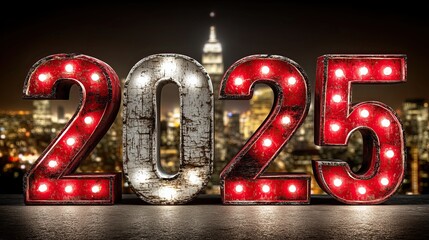 Bright lights of 2025 against the New York City skyline at night showcase a festive atmosphere for the New Year celebration