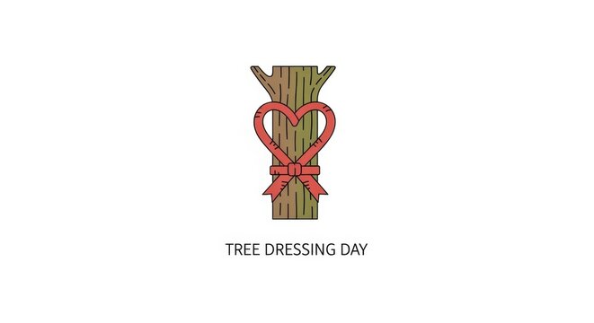 Illustration for Tree Dressing Day with a decorated tree trunk. Red heart-shaped ribbon tied with a bow. Nature conservation and environmental celebration concept