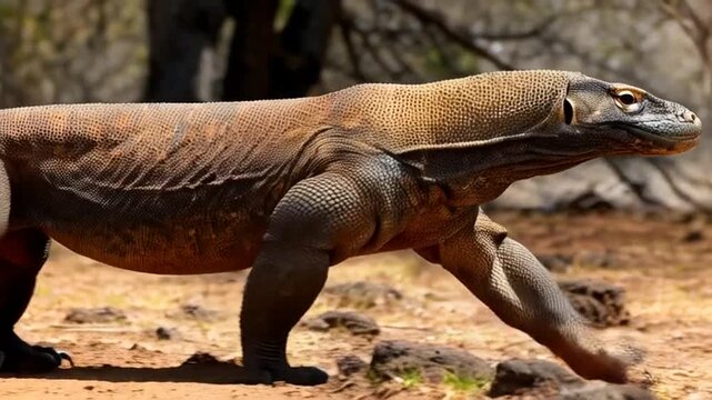 A Komodo dragon strides across the terrain, highlighting its enormous size and rough, powerful physique in the wild, perfect for wildlife conservation day