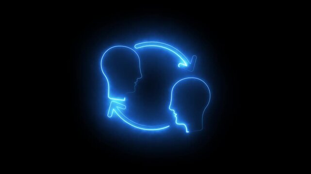 Blue Neon Icon of Two Heads in Conversation with Circular Arrows communication discussion