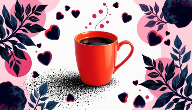 A red mug with coffee on a table adorned with a floral pattern featuring pink and blue hues