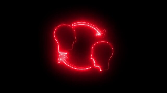 Red Neon Icon of Two Heads in Conversation with Circular Arrows communication discussion