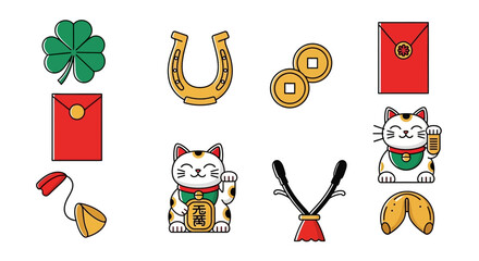 Collection of lucky charms and symbols, including a horseshoe, clover, and fortune cat.