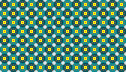 Abstract vector pattern inspired by tile art, combining teal petals, yellow centers, and white crosses in a harmonious seamless layout