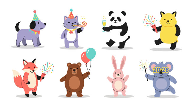 A collection of cute cartoon animals celebrating a party or New Year's Eve with hats, balloons, and sparklers.