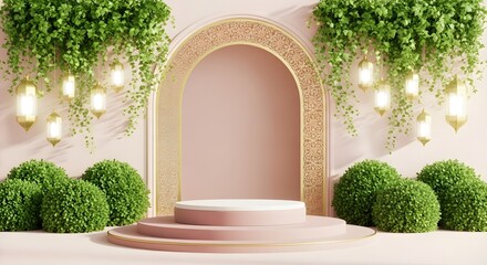 Elegant wedding arch decorated with lush green hanging plants and ornate lanterns, featuring a circular podium for product display or event staging, set against a soft pink backdrop