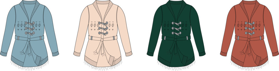 Fashionable Belted Cardigans in Varied Colors Illustration Set