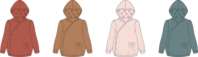 Collection of adorable baby and toddler hooded wrap tops in various soft color palettes, perfect for versatile children's apparel design and comfortable everyday wear