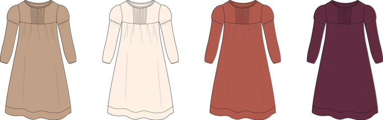 Set of historical Regency style empire waist long gowns. A vector fashion flat sketch collection in four different color variations