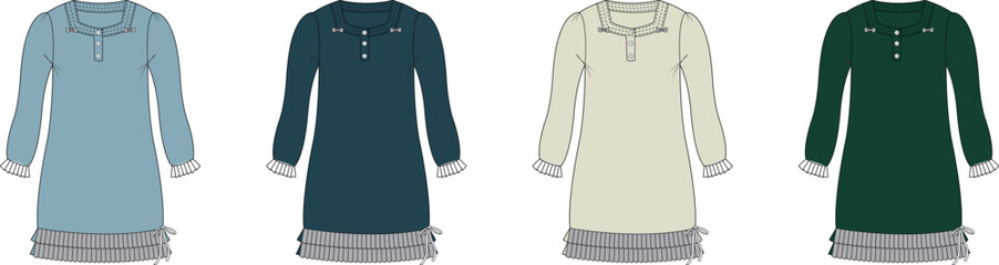 Collection of four women's long-sleeved dresses in different colors